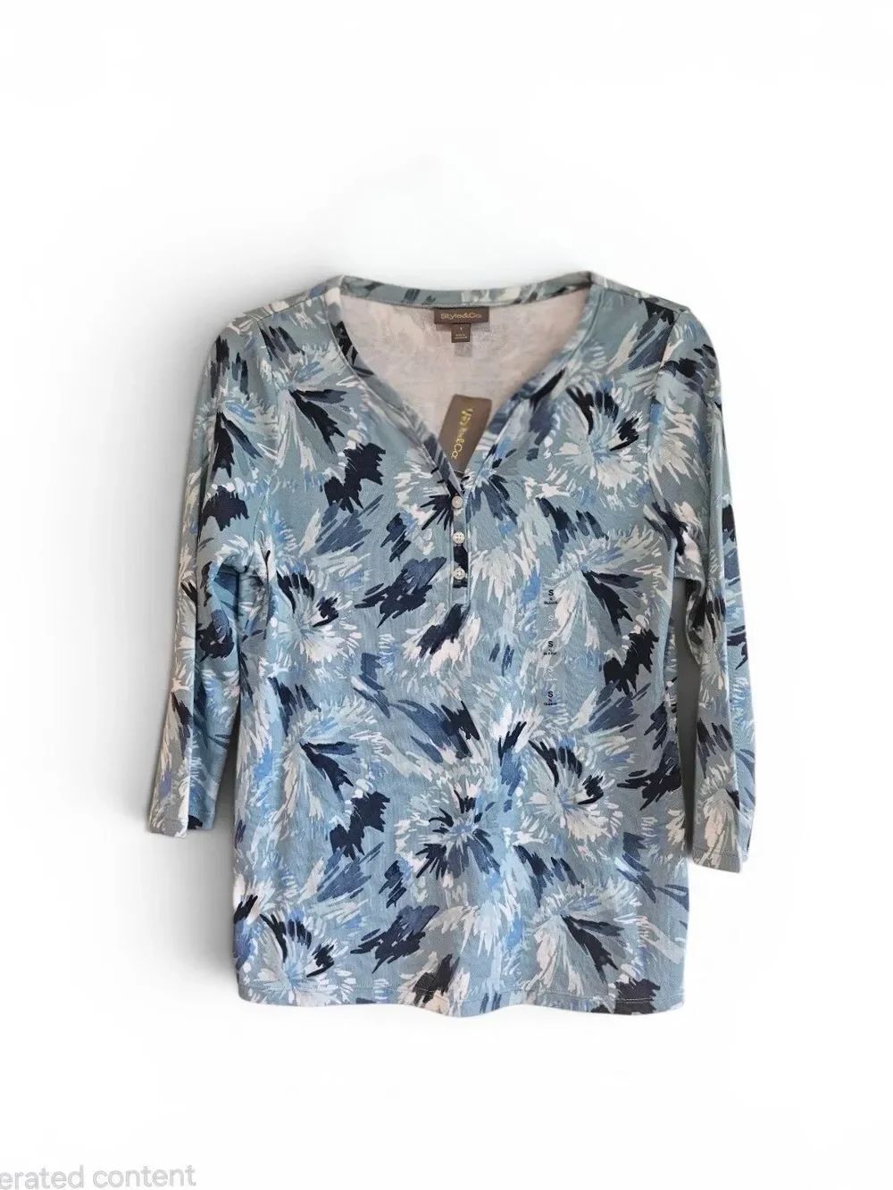 Style & Co. Henley 3/4 Length Sleeves V-Neck Top Size Small